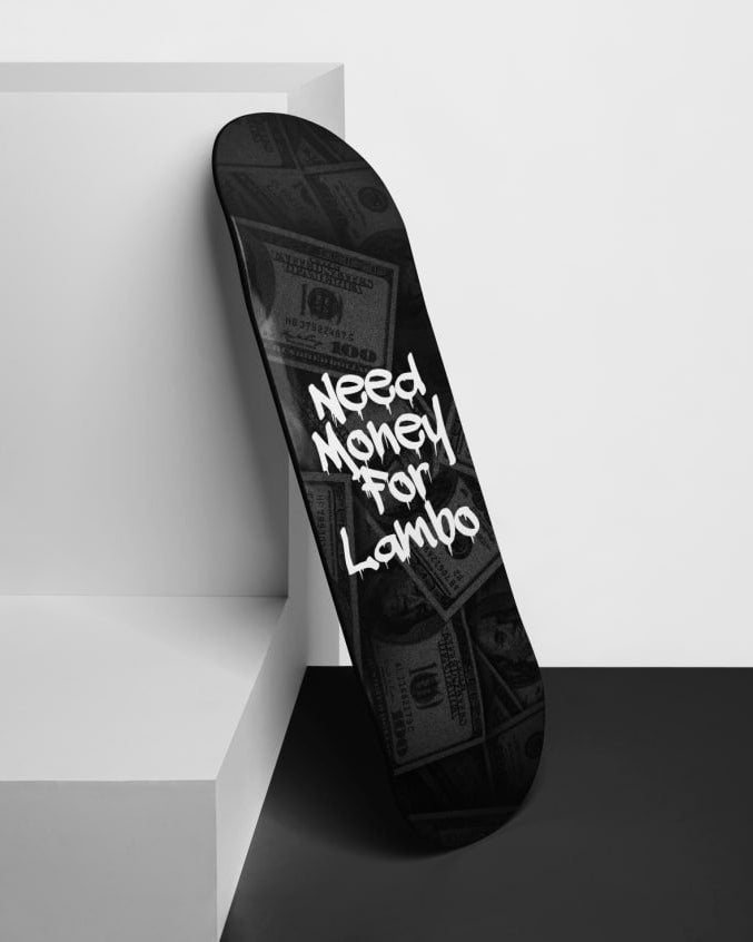 Black and white "Need Money for Lambo" skateboard deck wall art made of 7-ply maple wood with currency graphic.
